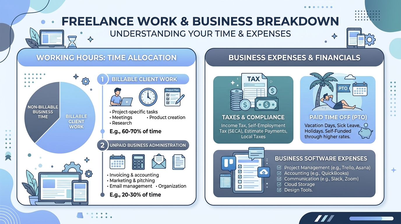 Freelance Work and Business Breakdown Diagram showing billable client work versus unpaid business administration, taxes, and paid time off