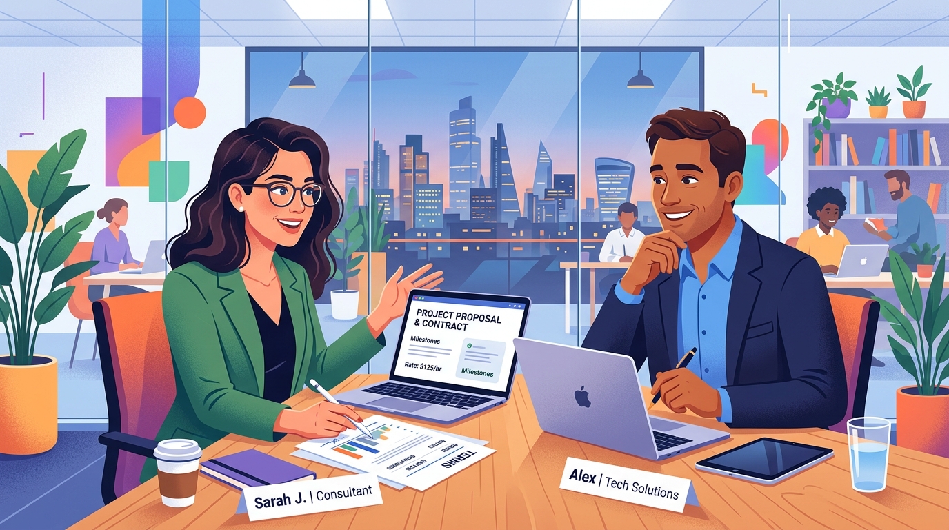 Professional freelancer presenting a project contract and rate proposal to an appreciative business client across an office meeting table